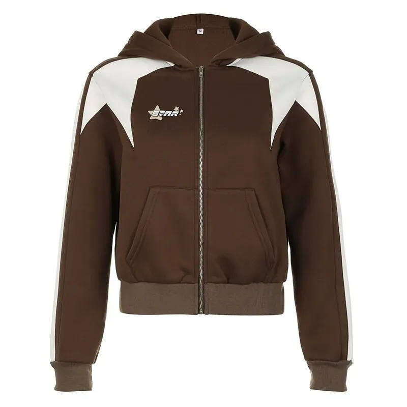 Vintage Brown Hoodies Zip-Up Coat