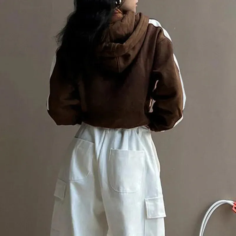Vintage Brown Hoodies Zip-Up Coat