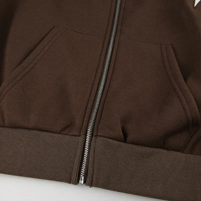 Vintage Brown Hoodies Zip-Up Coat