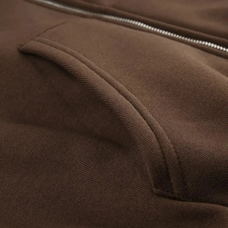 Vintage Brown Hoodies Zip-Up Coat