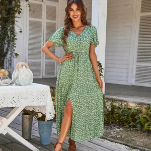 Vintage Floral Dresses for Women Elegant Loose Slit Dress