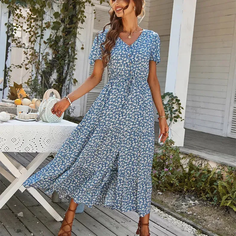 Vintage Floral Dresses for Women Elegant Loose Slit Dress
