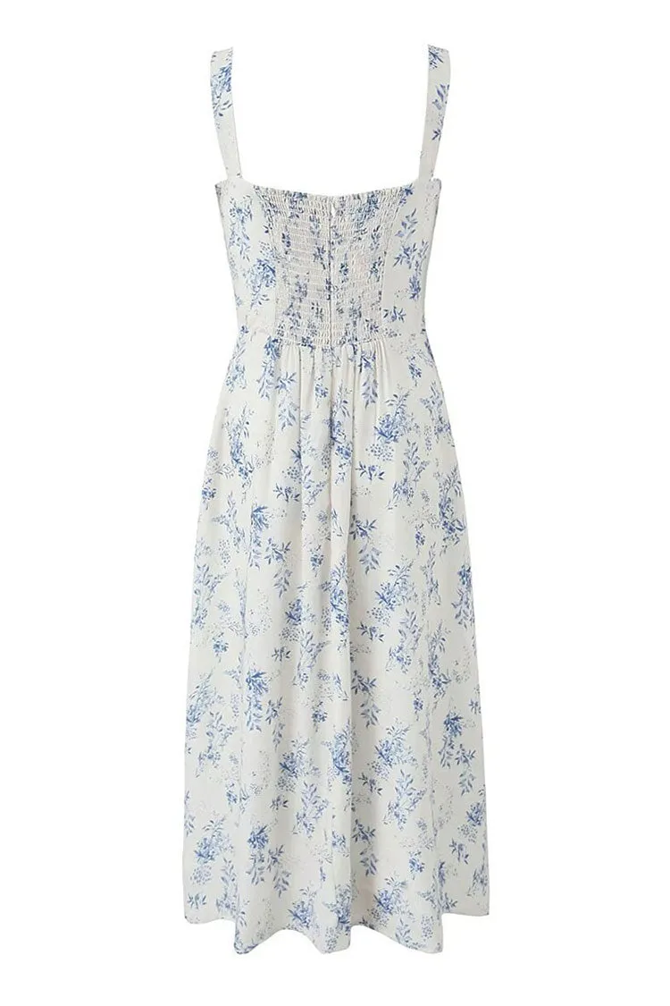Vintage Floral Printed Suspender Strap Ruched Split Summer Midi Sundress