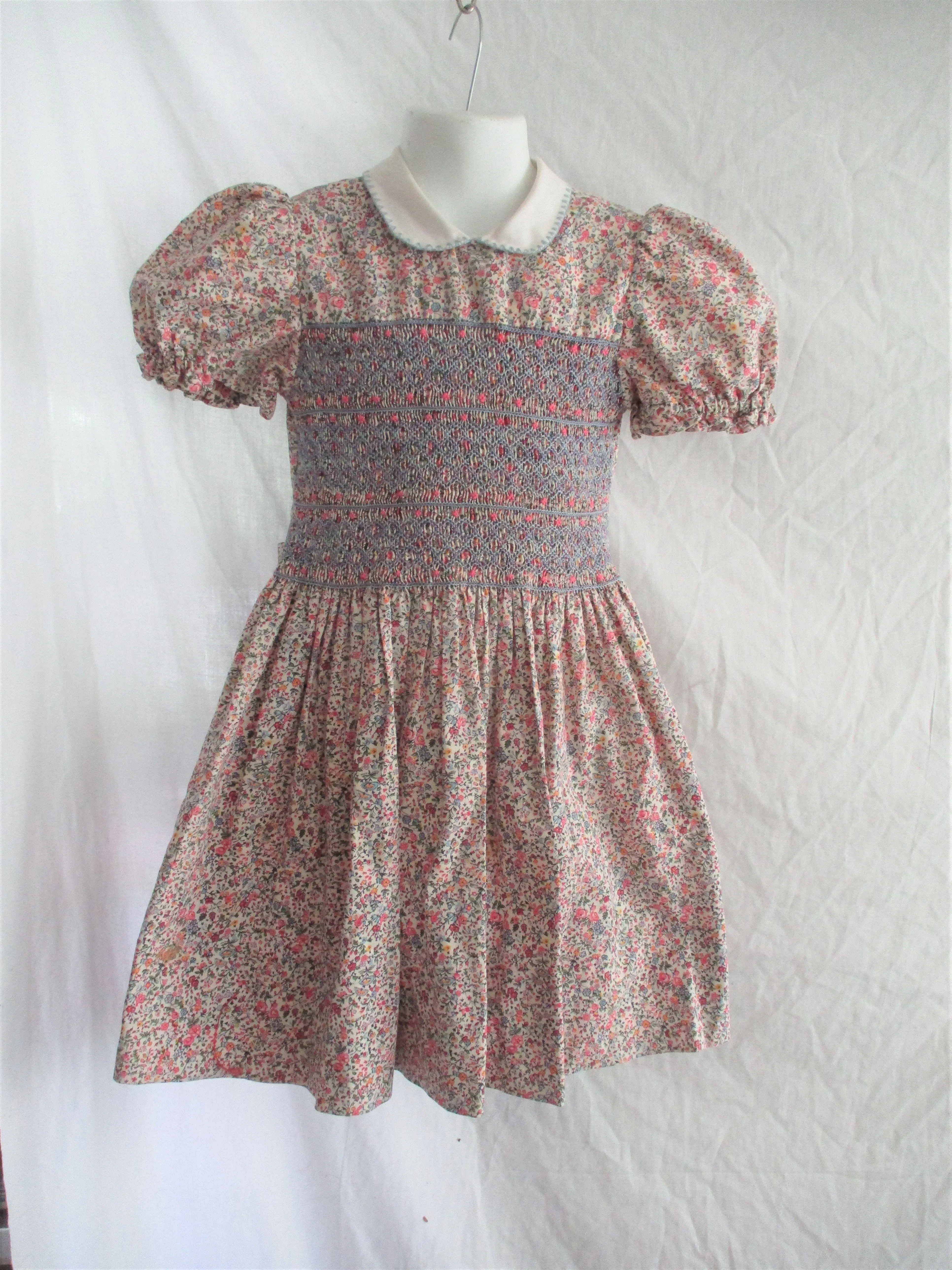 Vintage Handmade Floral Calico GIRLS Dress Spring Summer WHITE MULTI