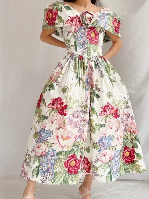Vintage Polished Cotton Floral Dress - XS