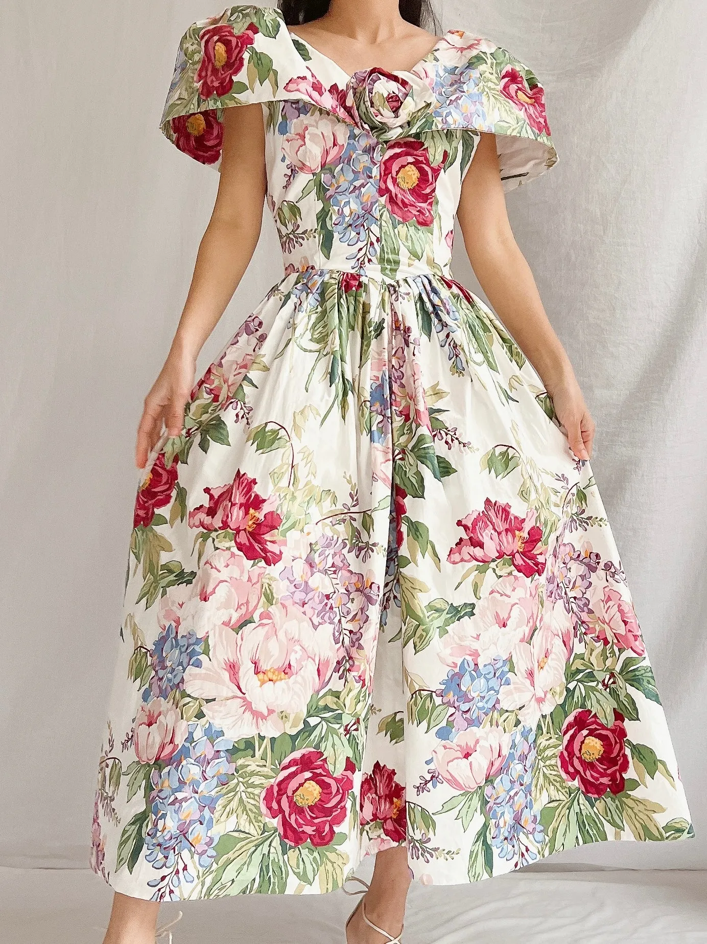 Vintage Polished Cotton Floral Dress - XS
