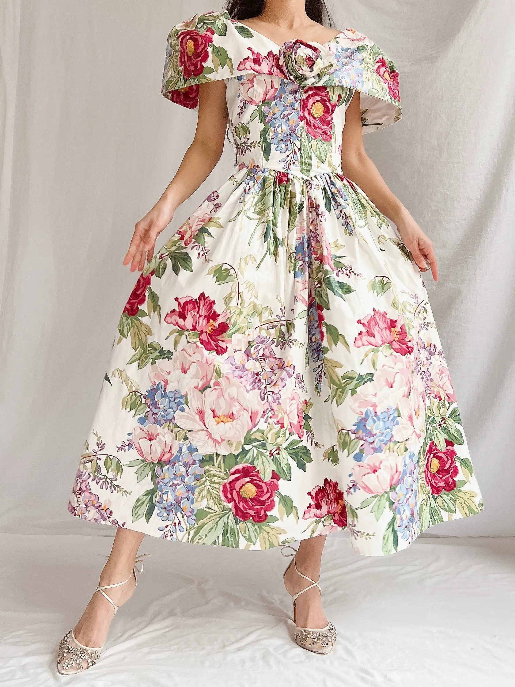 Vintage Polished Cotton Floral Dress - XS