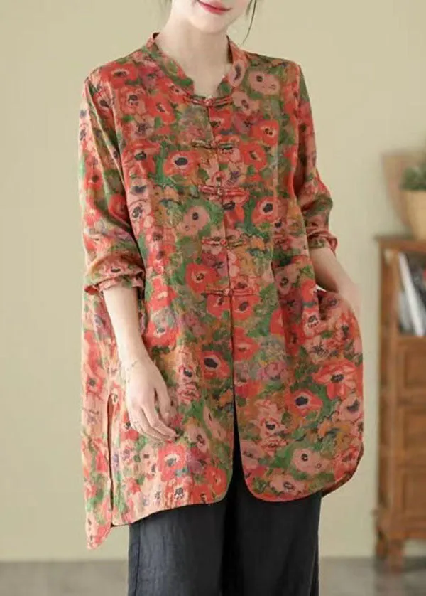 Vintage Stand Collar Chinese Button Print Linen Shirts Coat Long Sleeve AP087