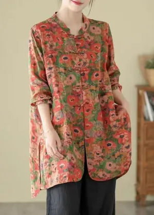 Vintage Stand Collar Chinese Button Print Linen Shirts Coat Long Sleeve AP087