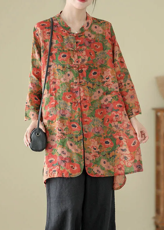 Vintage Stand Collar Chinese Button Print Linen Shirts Coat Long Sleeve AP087