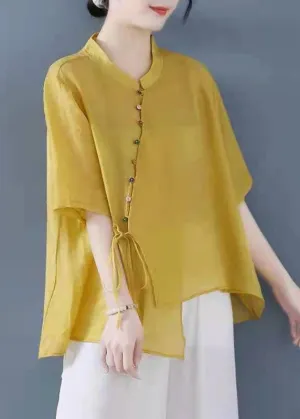 Vintage Yellow Solid Stand Collar Asymmetrical Design Shirt Top Half Sleeve