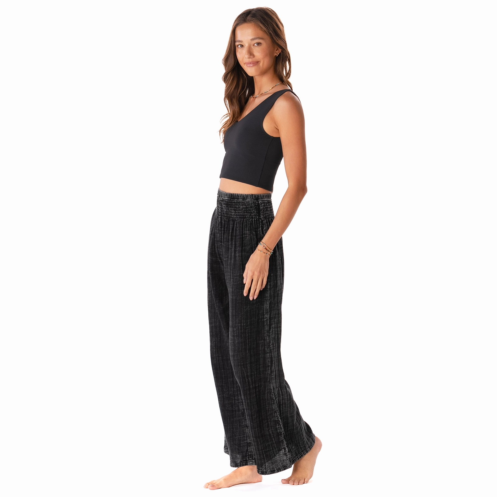 Vintage Black Wide Leg Cotton Pants Sporty Chic Frayed hem
