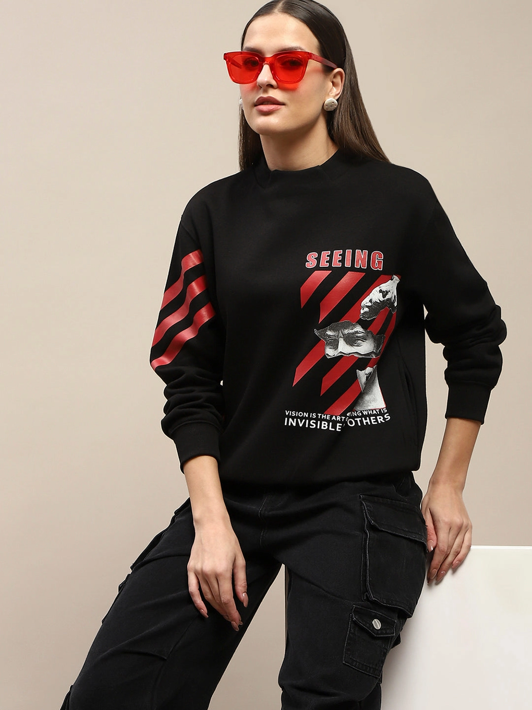Madame Graphic Print Cotton Blend Black Sweatshirt Ombre sunny day wear