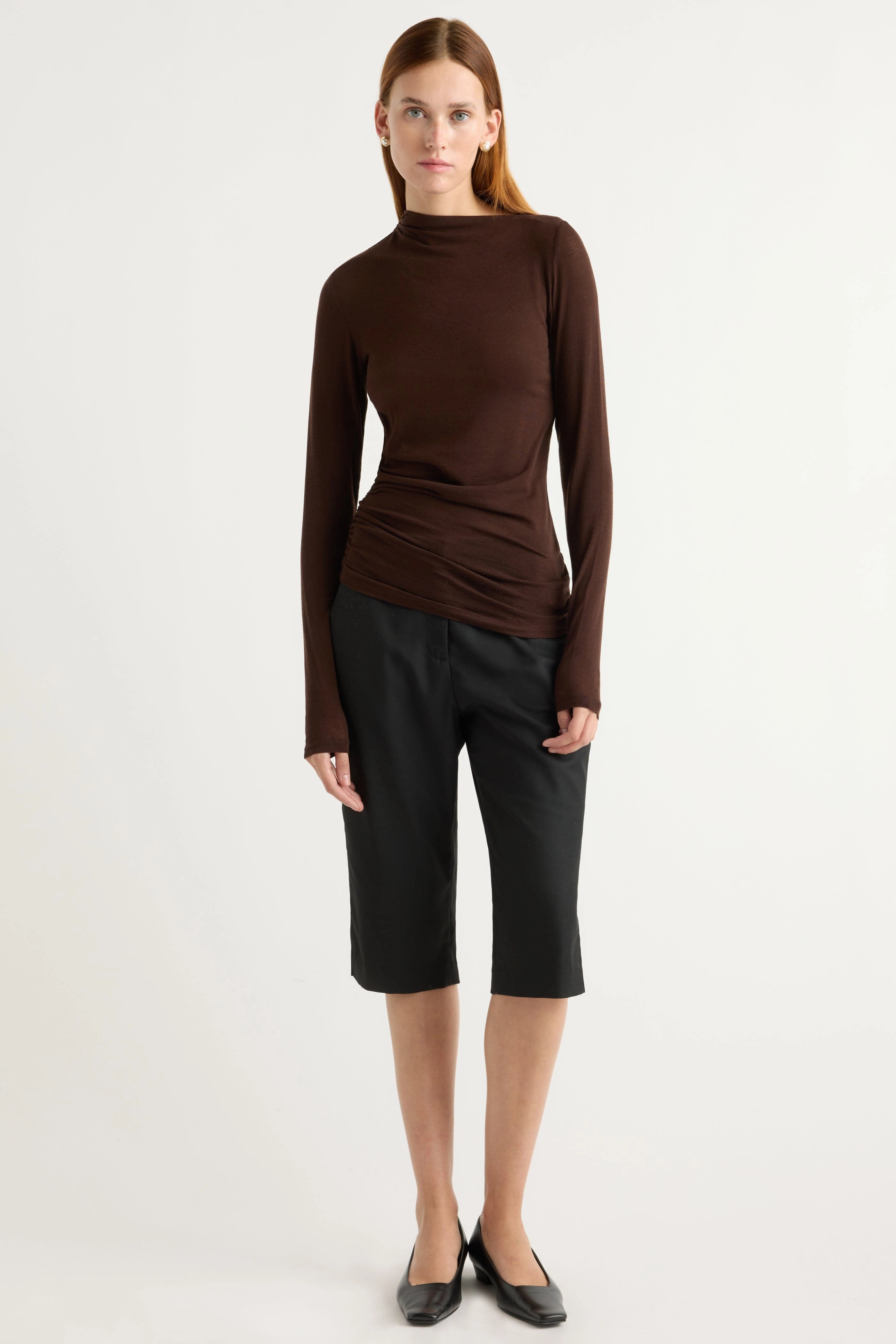 Breathable Mesh Insert Convertible Style Vittoria Asymmetric-Neck Semi-Sheer Ruched Tee