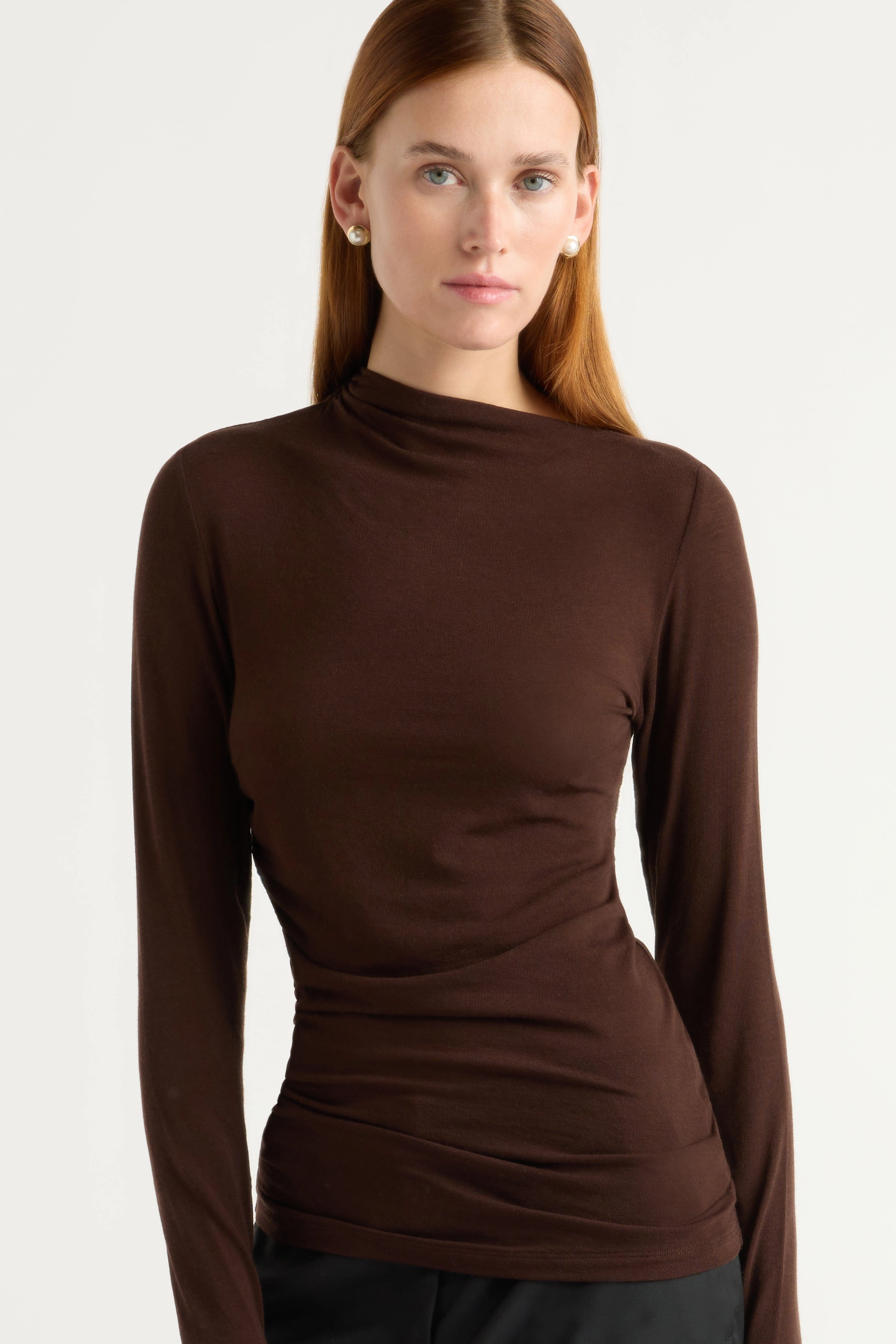 Vittoria Asymmetric-Neck Semi-Sheer Ruched Tee OEKOTEX Certified Fabric Warm Fabric