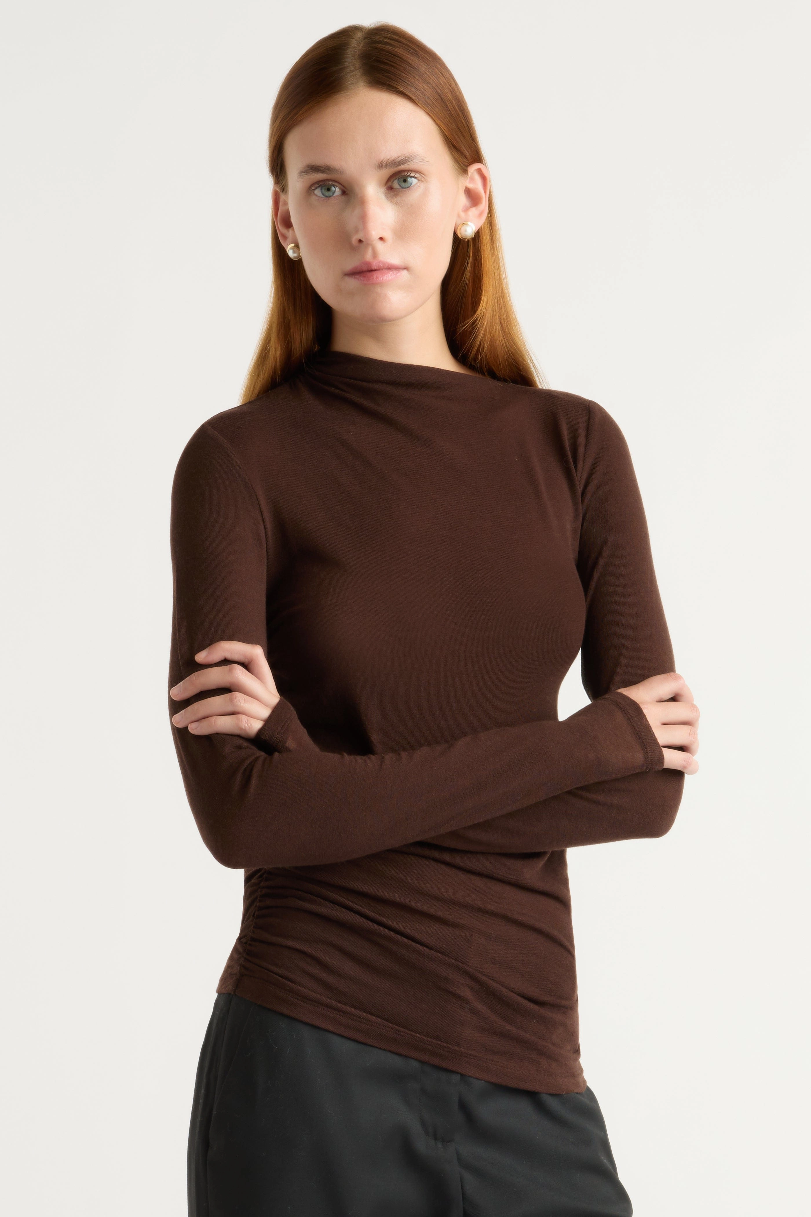 EasyCare Fabric Reflective Trim Vittoria Asymmetric-Neck Semi-Sheer Ruched Tee