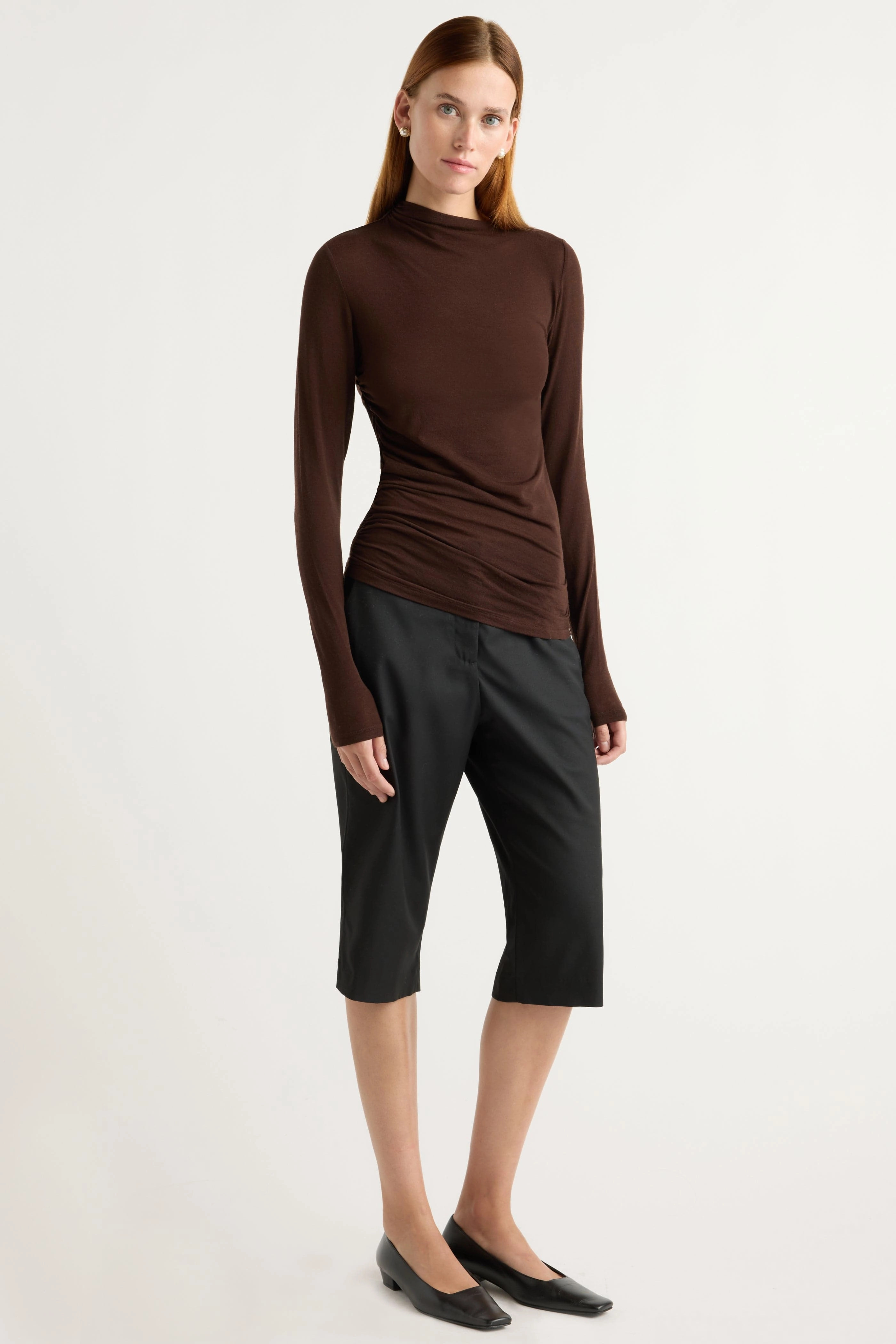 Vittoria Asymmetric-Neck Semi-Sheer Ruched Tee FrenchTerryTexture Ribbed Hemline
