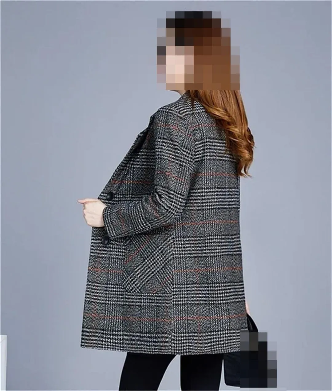 Vsadsau Women's Blended Wool Coat Lapel Plaid Fall Winter Mid-Length Button Long Sleeve Outerwear