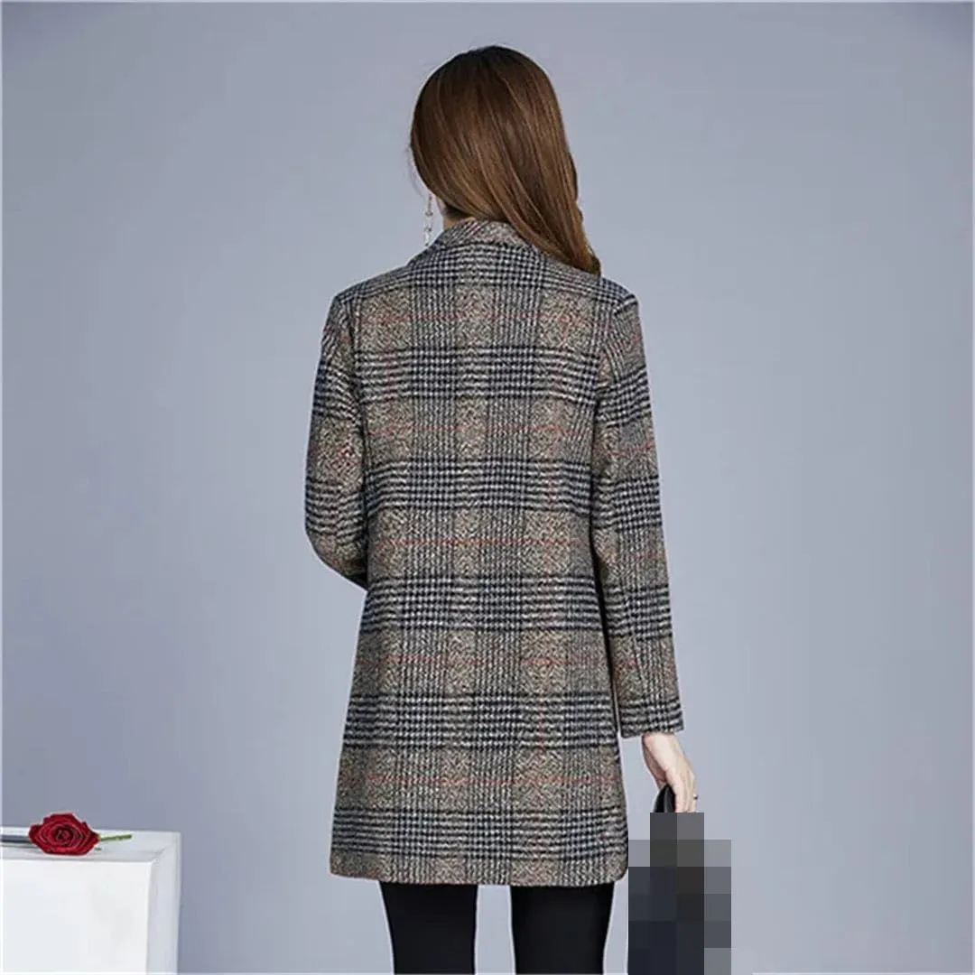 Vsadsau Women's Blended Wool Coat Lapel Plaid Fall Winter Mid-Length Button Long Sleeve Outerwear