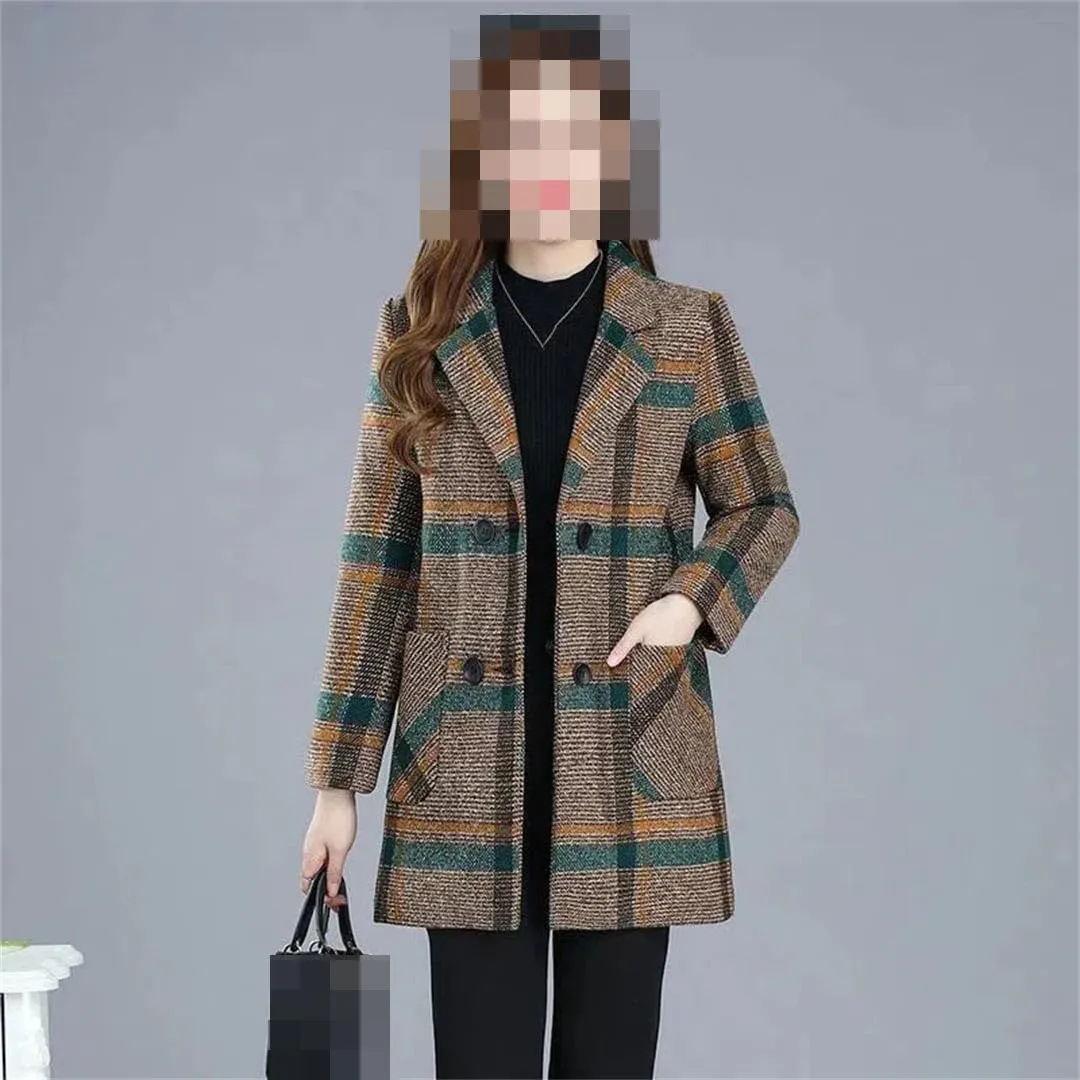 Vsadsau Women's Blended Wool Coat Lapel Plaid Fall Winter Mid-Length Button Long Sleeve Outerwear