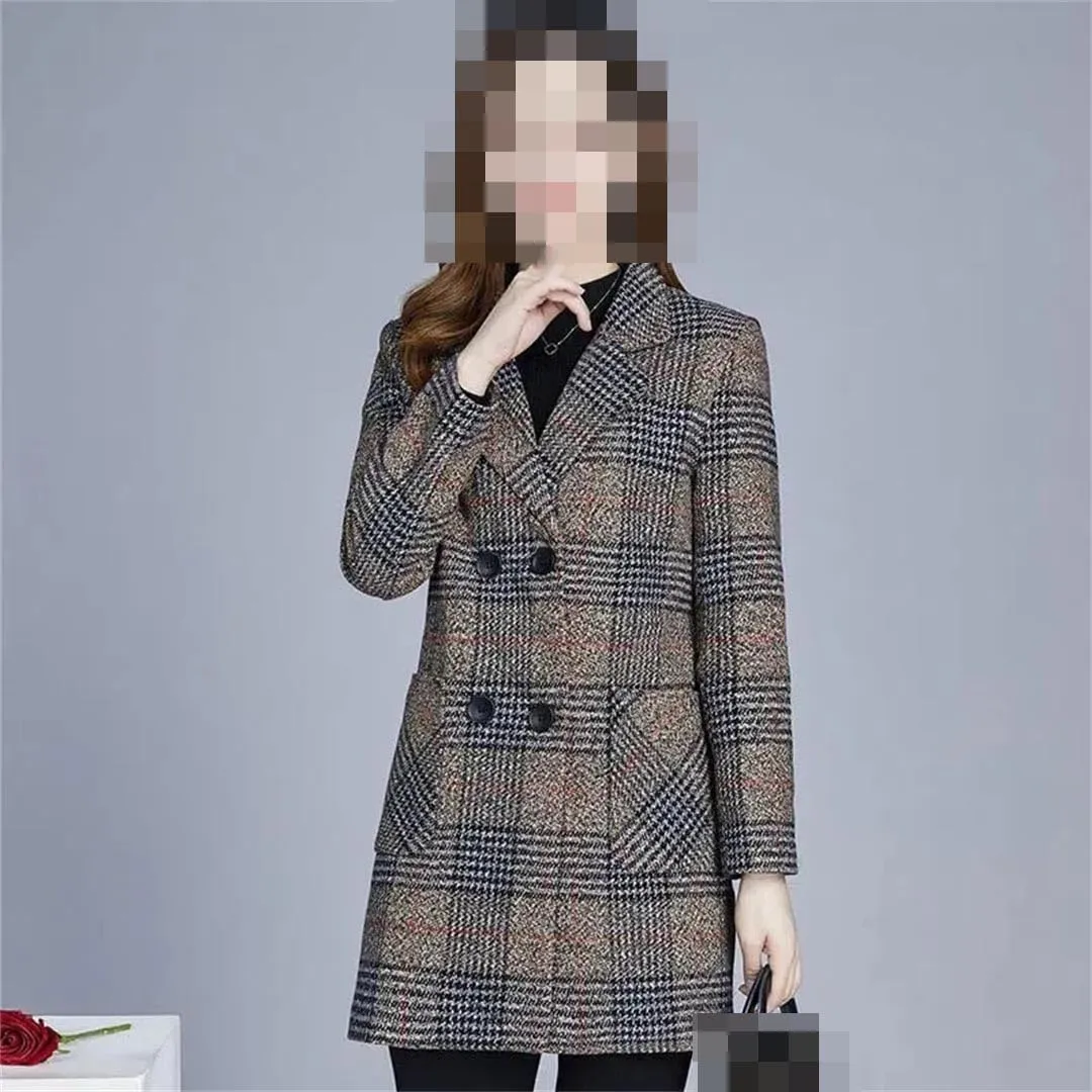 Vsadsau Women's Blended Wool Coat Lapel Plaid Fall Winter Mid-Length Button Long Sleeve Outerwear