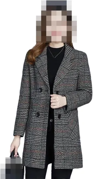 Vsadsau Women's Blended Wool Coat Lapel Plaid Fall Winter Mid-Length Button Long Sleeve Outerwear