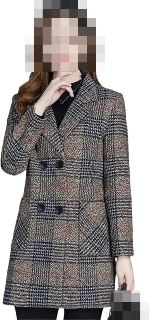 Vsadsau Women's Blended Wool Coat Lapel Plaid Fall Winter Mid-Length Button Long Sleeve Outerwear