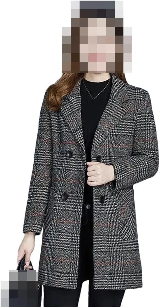 Vsadsau Women's Blended Wool Coat Lapel Plaid Fall Winter Mid-Length Button Long Sleeve Outerwear