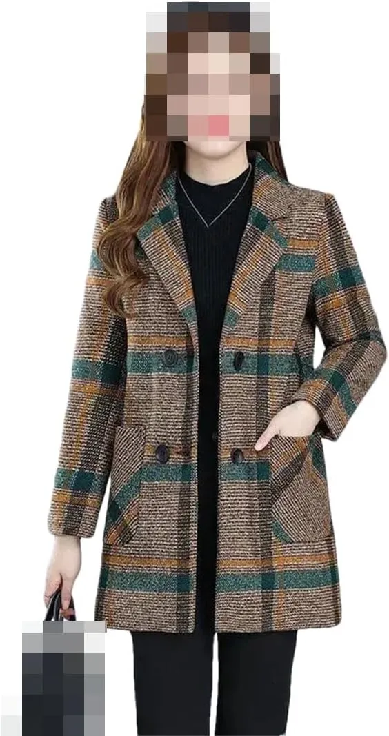 Vsadsau Women's Blended Wool Coat Lapel Plaid Fall Winter Mid-Length Button Long Sleeve Outerwear