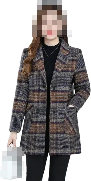 Vsadsau Women's Blended Wool Coat Lapel Plaid Fall Winter Mid-Length Button Long Sleeve Outerwear
