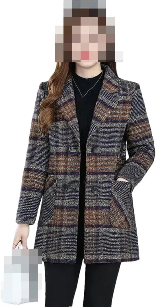 Vsadsau Women's Blended Wool Coat Lapel Plaid Fall Winter Mid-Length Button Long Sleeve Outerwear