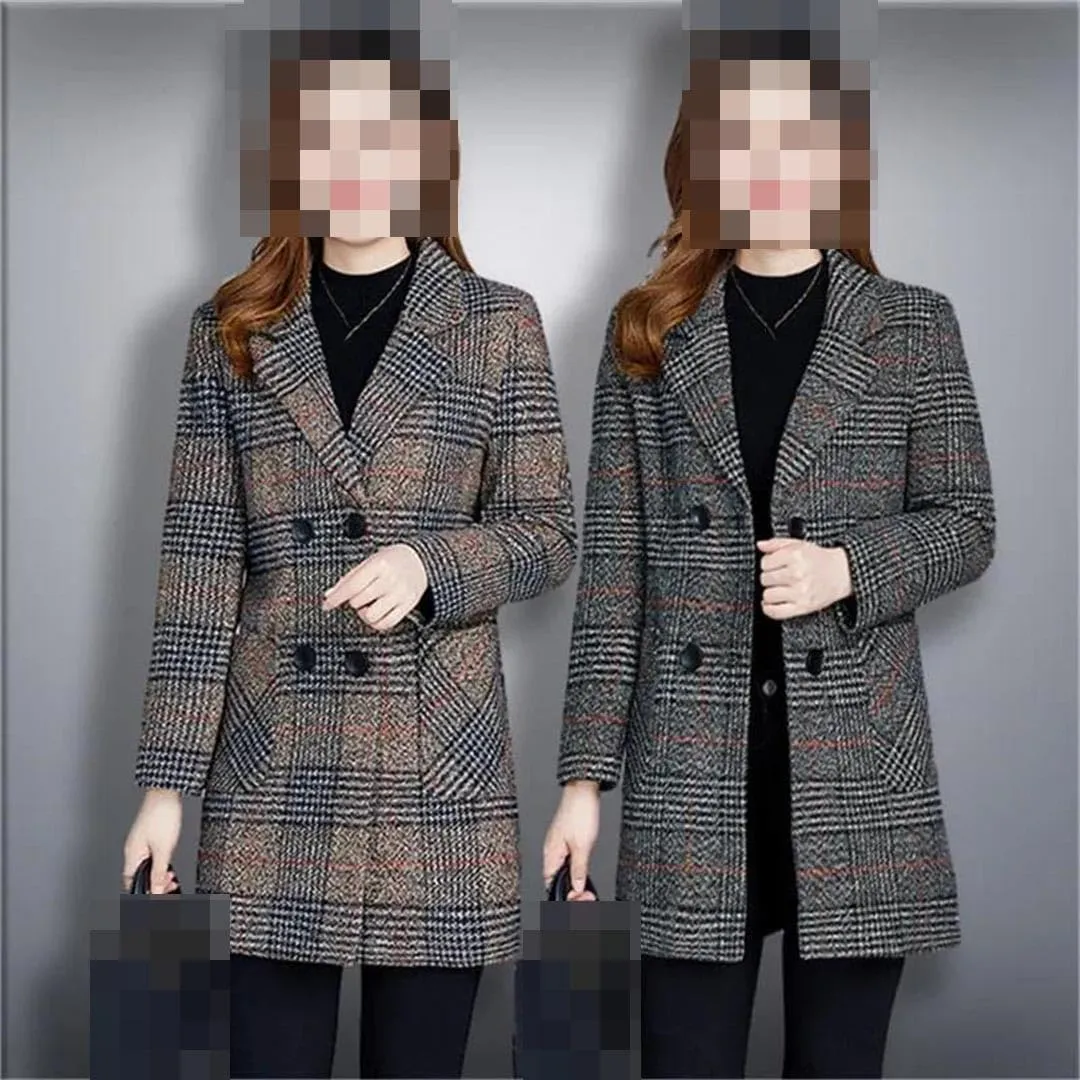 Vsadsau Women's Blended Wool Coat Lapel Plaid Fall Winter Mid-Length Button Long Sleeve Outerwear