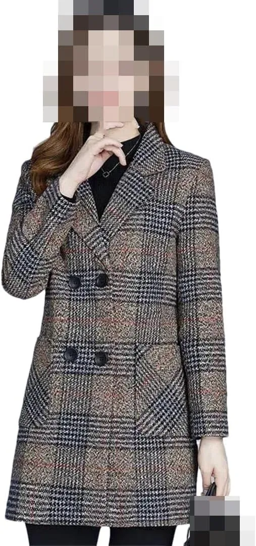 Vsadsau Women's Blended Wool Coat Lapel Plaid Fall Winter Mid-Length Button Long Sleeve Outerwear