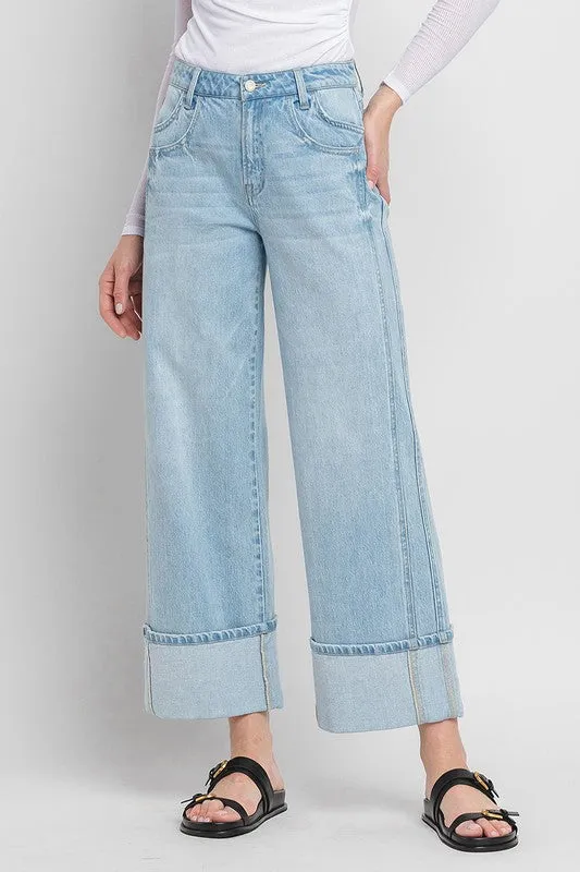 Waitlist 3/10 ♥Ariana High Rise Cuffed Wide Leg Jeans Light Wash