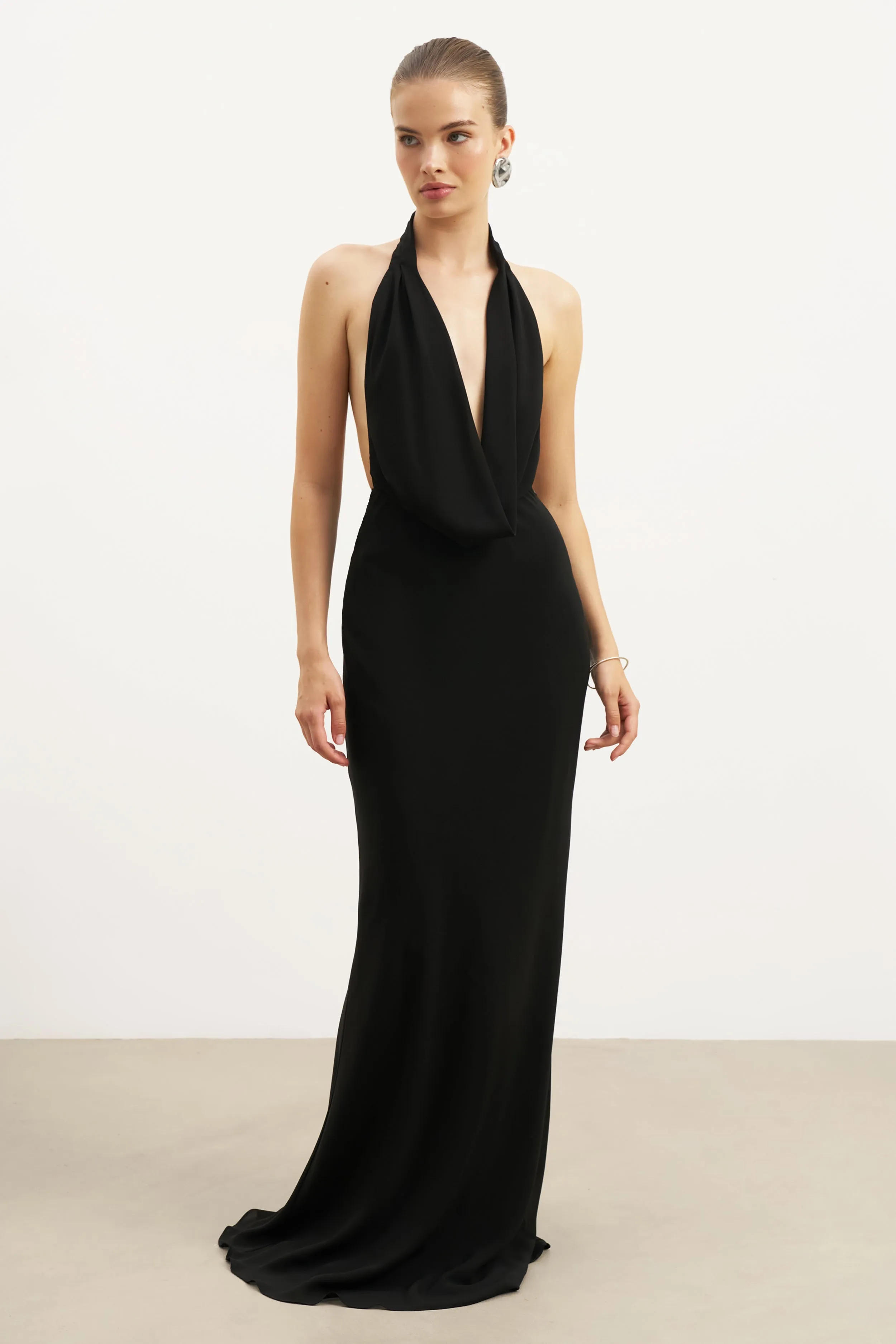 Luxe style Chiffon Plunging Cowl Neck Maxi Dress - Black