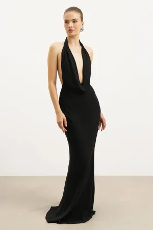 Chiffon Plunging Cowl Neck Maxi Dress - Black Kind Glow Breath Soft