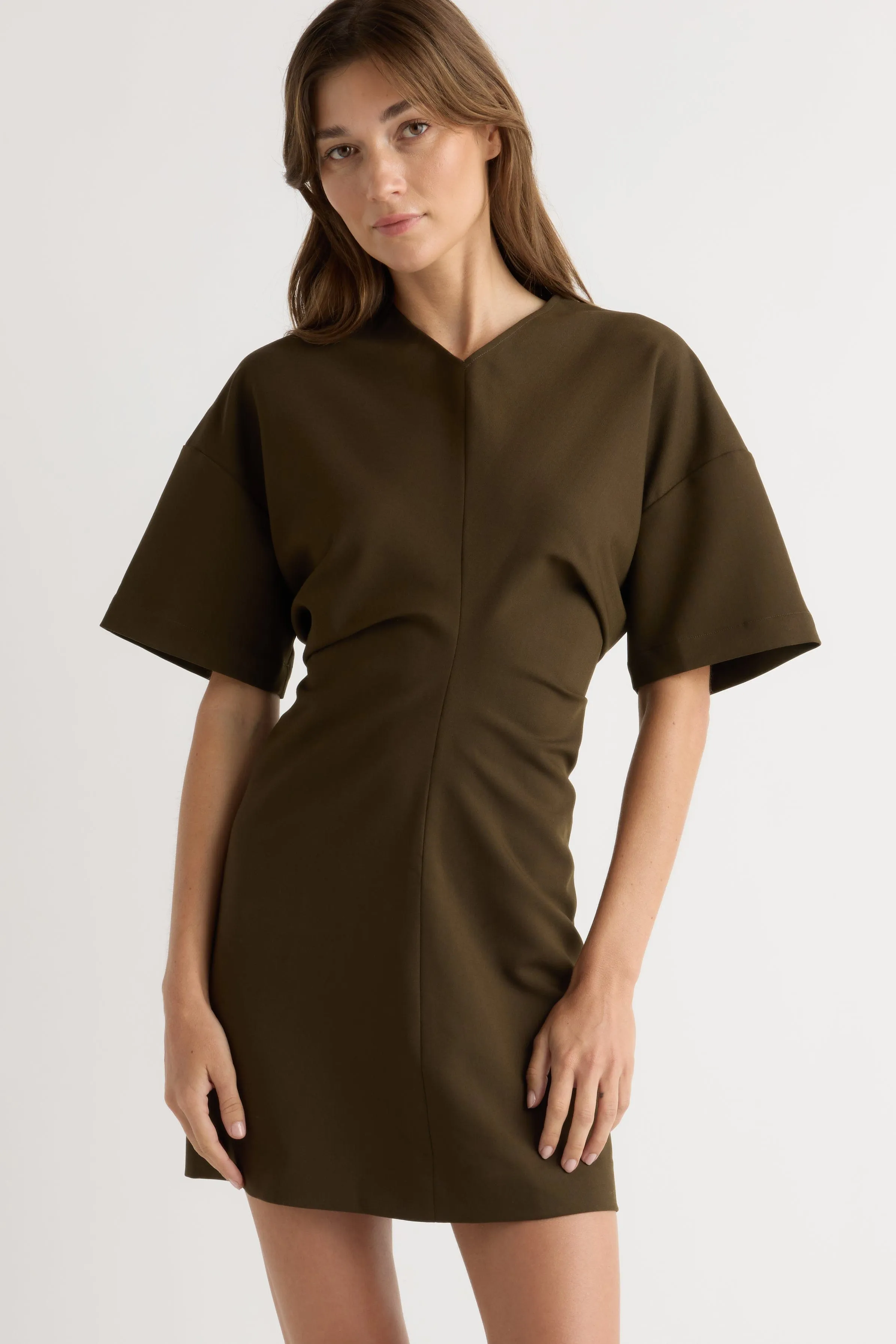 Dropped-Waist Business casual Fiore Ruched V-Neck Mini Dress