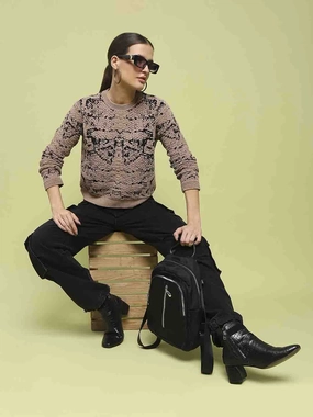 Madame Printed Crew Neck Full Sleeve Brown Sweater Loopback Fabric
