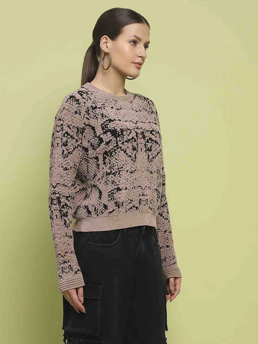 Relaxed Movement Performance Fit Wear Madame Printed Crew Neck Full Sleeve Brown Sweater