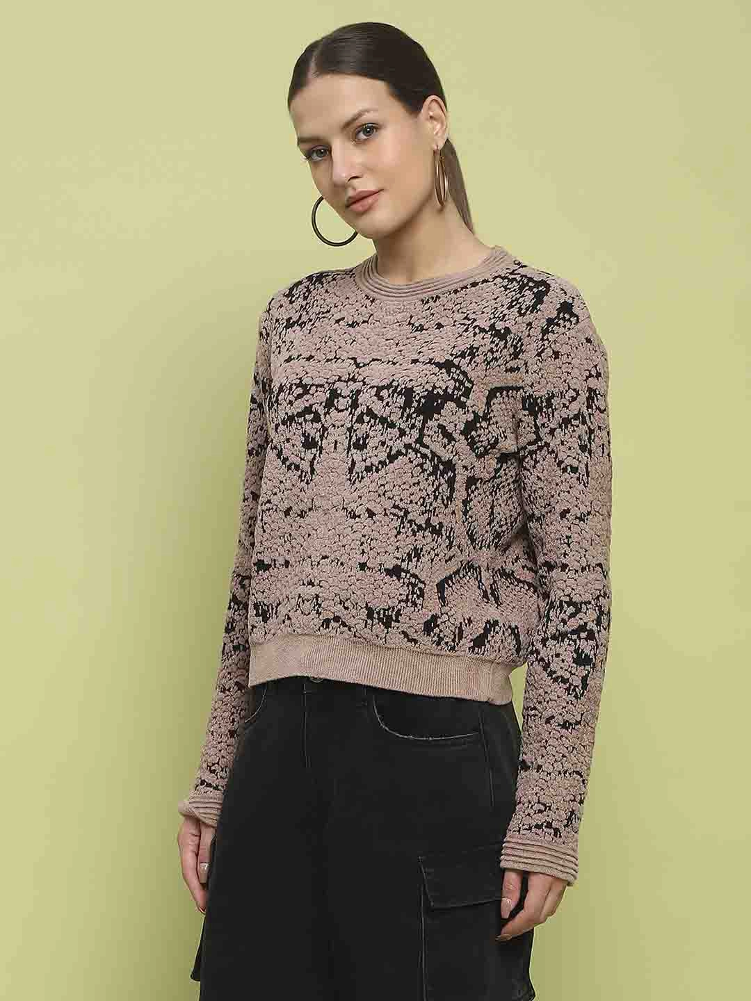 Madame Printed Crew Neck Full Sleeve Brown Sweater Sophisticated Layers Knitwear Look