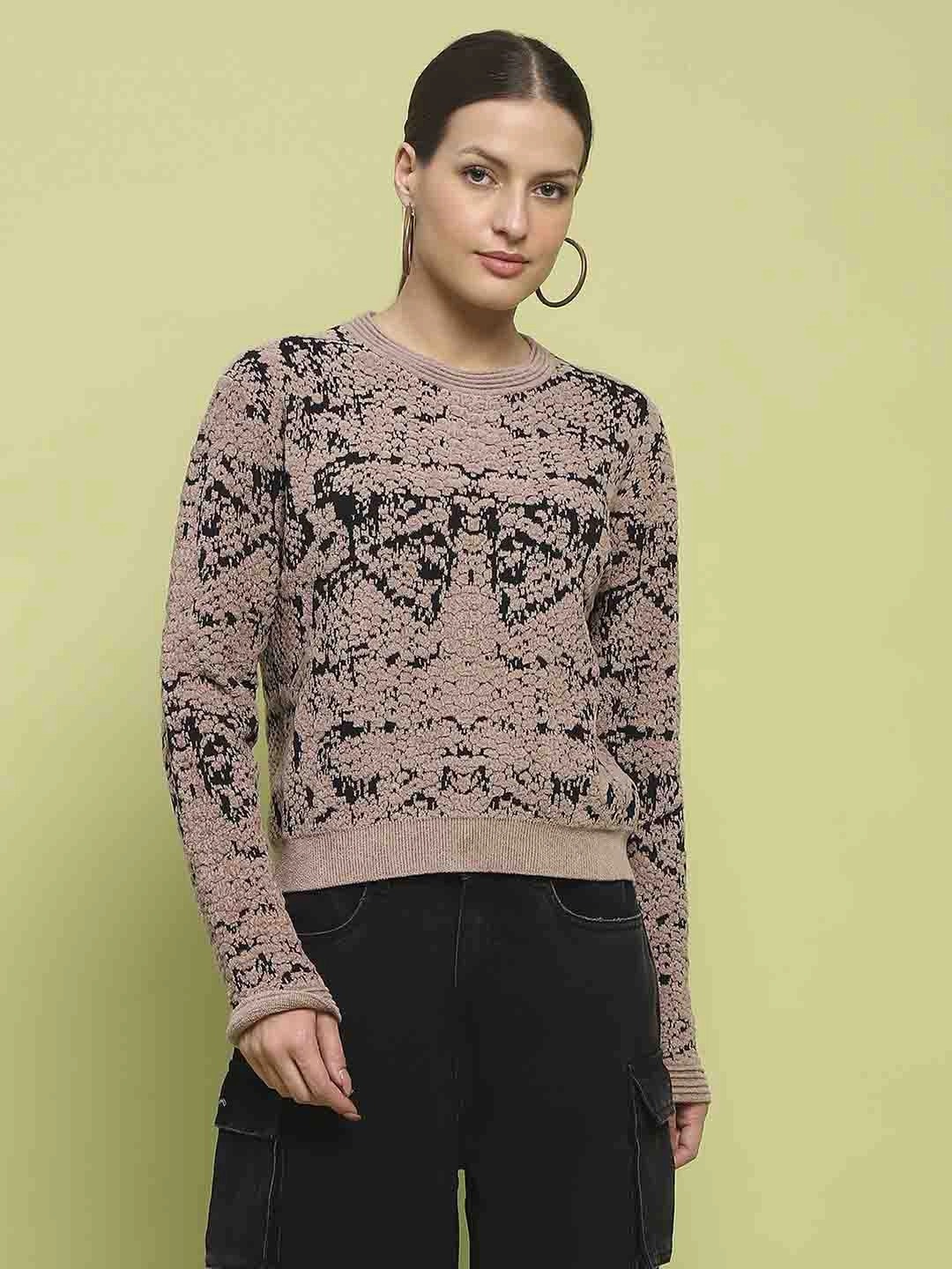 Quick Comfort Design Madame Printed Crew Neck Full Sleeve Brown Sweater
