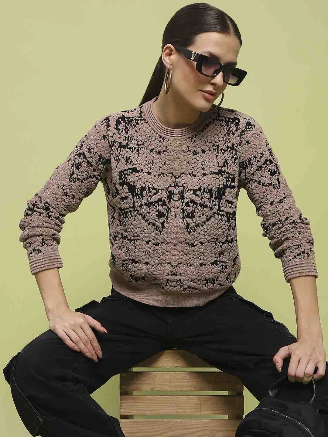 Madame Printed Crew Neck Full Sleeve Brown Sweater Premium Cotton Blend