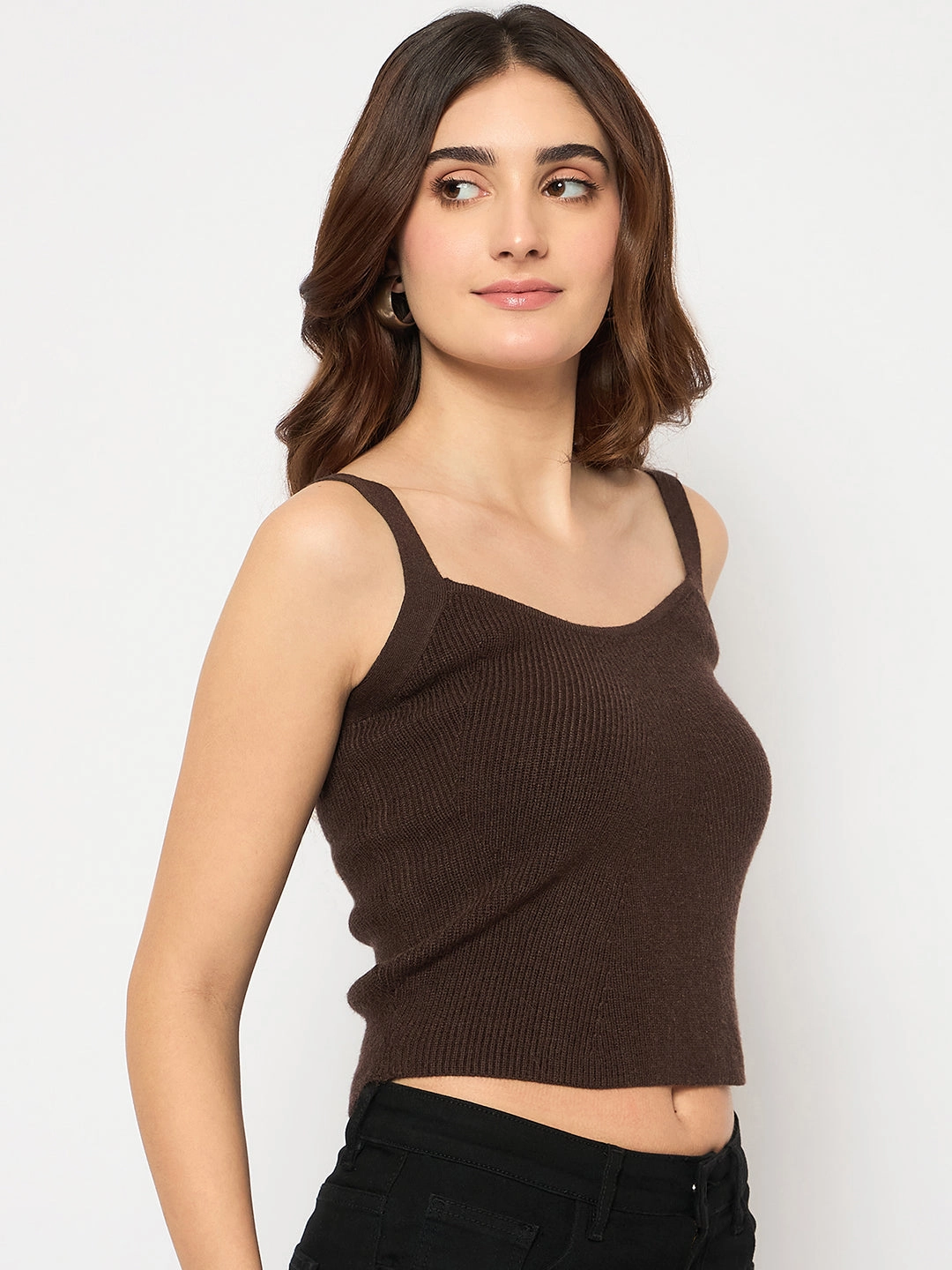 Madame Sleeveless Solid Coffee Brown Ribbed Knit Sweater Comfy Look