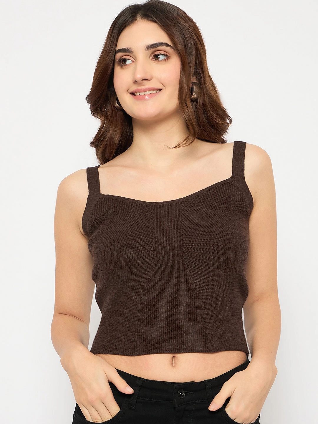 Non Restrictive Fit Madame Sleeveless Solid Coffee Brown Ribbed Knit Sweater
