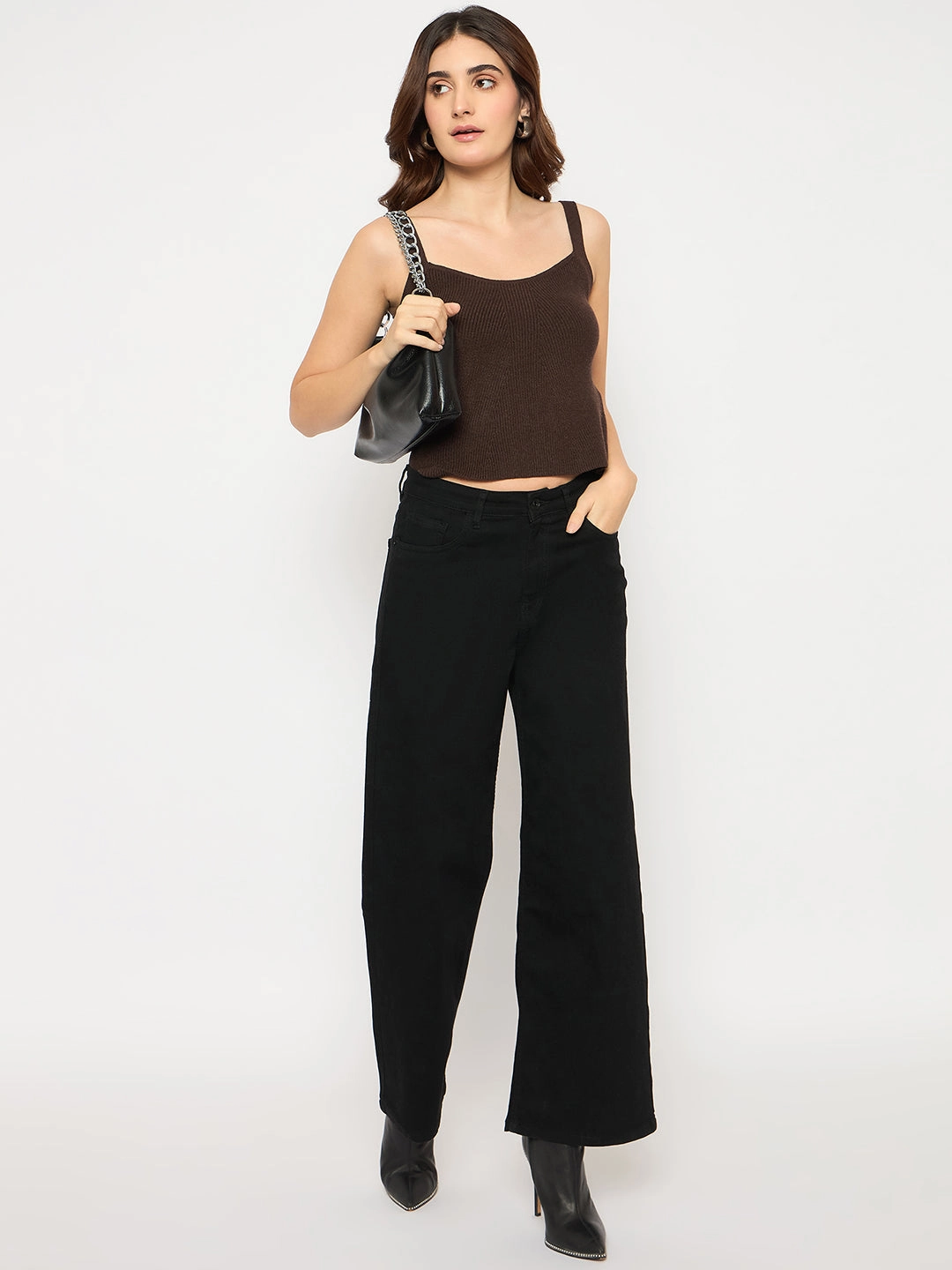 Soft Knit Quick Dry Comfort Madame Sleeveless Solid Coffee Brown Ribbed Knit Sweater