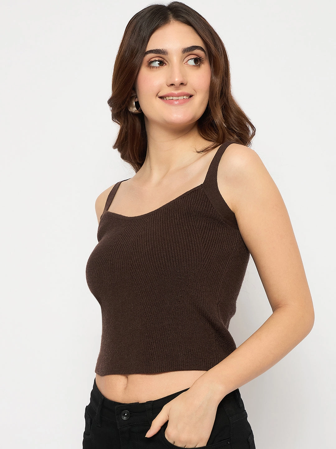 Casual Wear Fit Madame Sleeveless Solid Coffee Brown Ribbed Knit Sweater