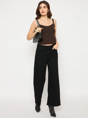 Soft Knit Quick Dry Comfort Madame Sleeveless Solid Coffee Brown Ribbed Knit Sweater