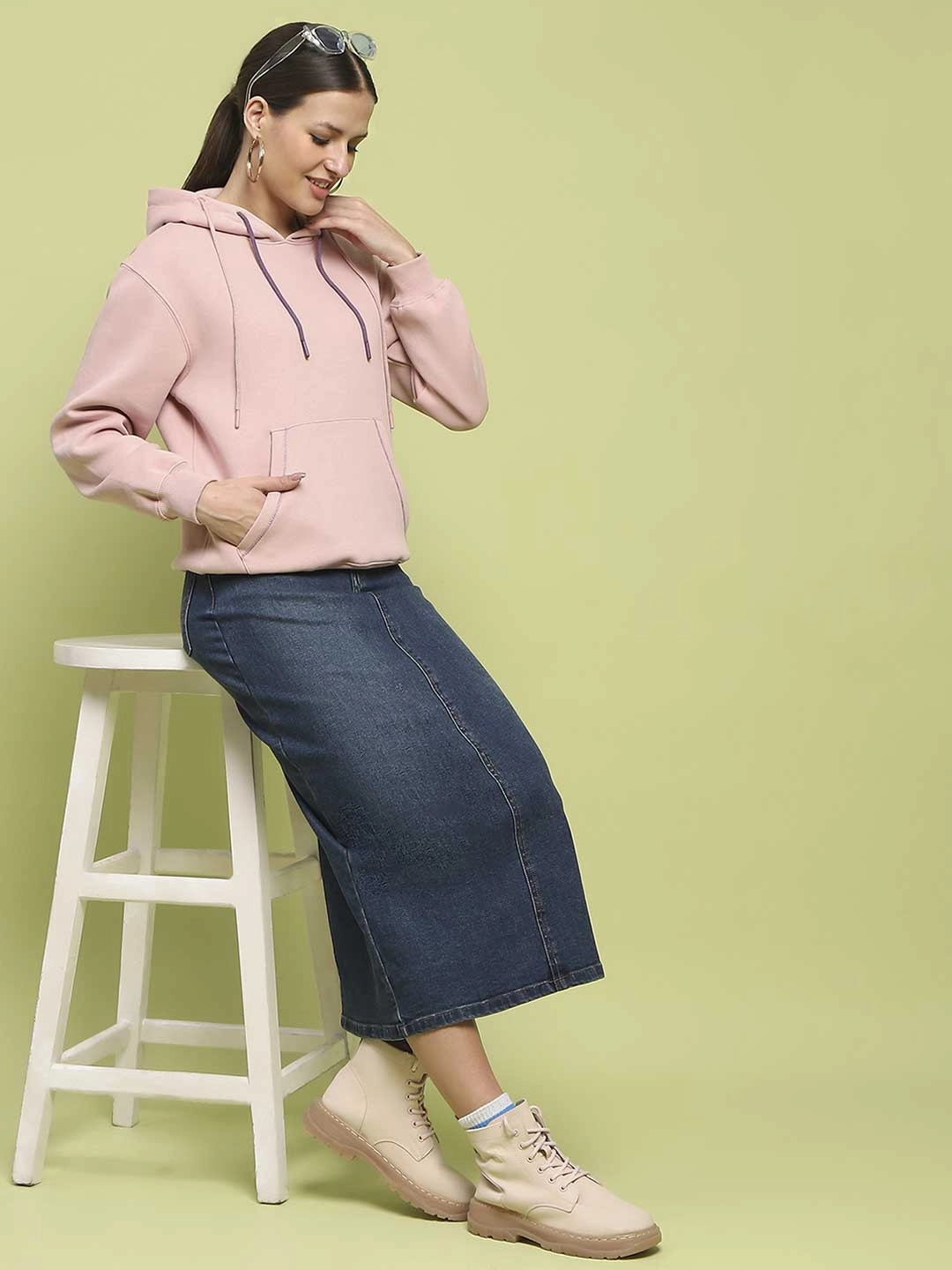 Madame Fleece Double Drawstring Hooded Dusty Pink Sweatshirt Trendy Design