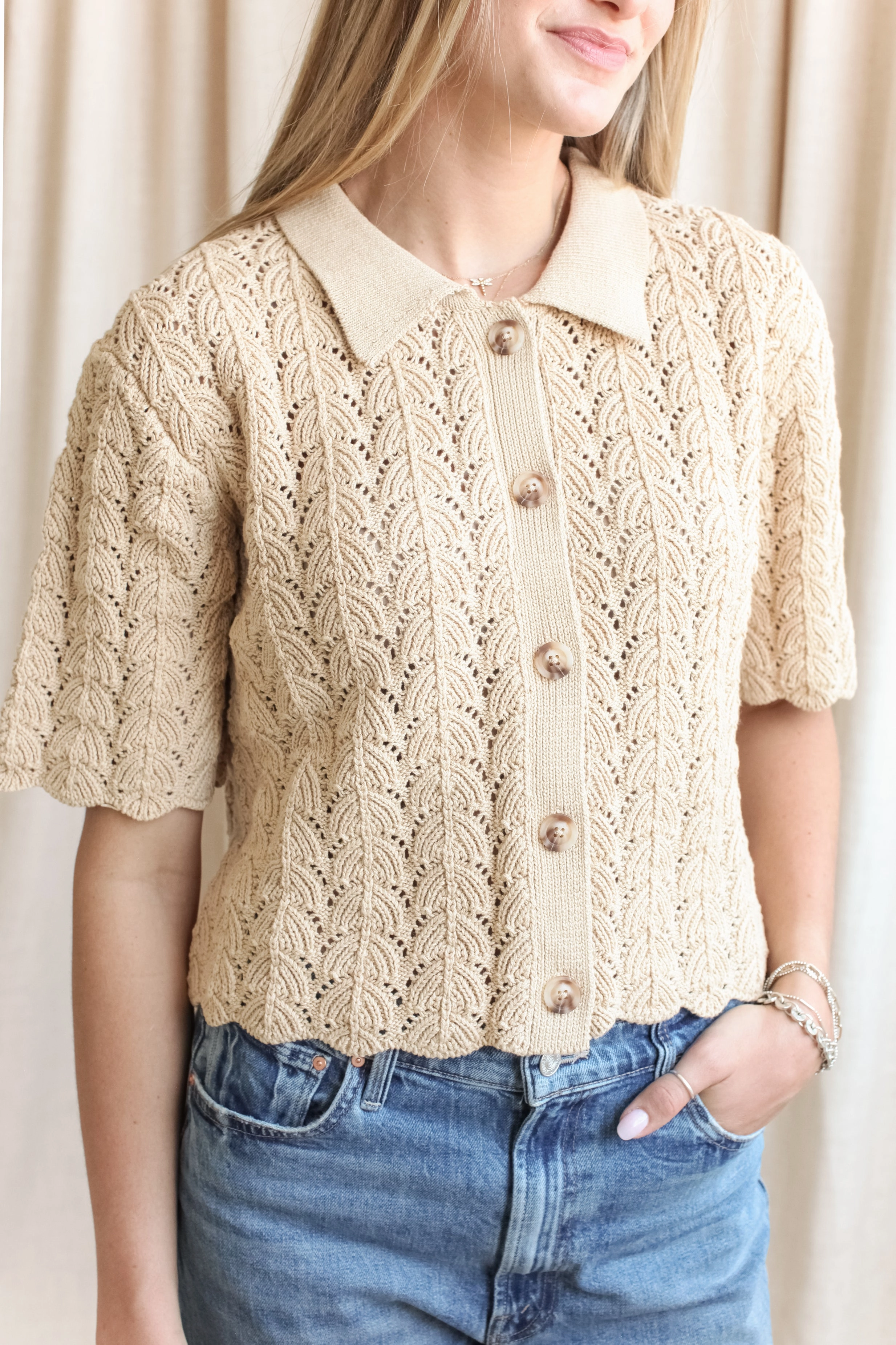 Ribbed Knit Esther Crocheted Cardigan- Camel