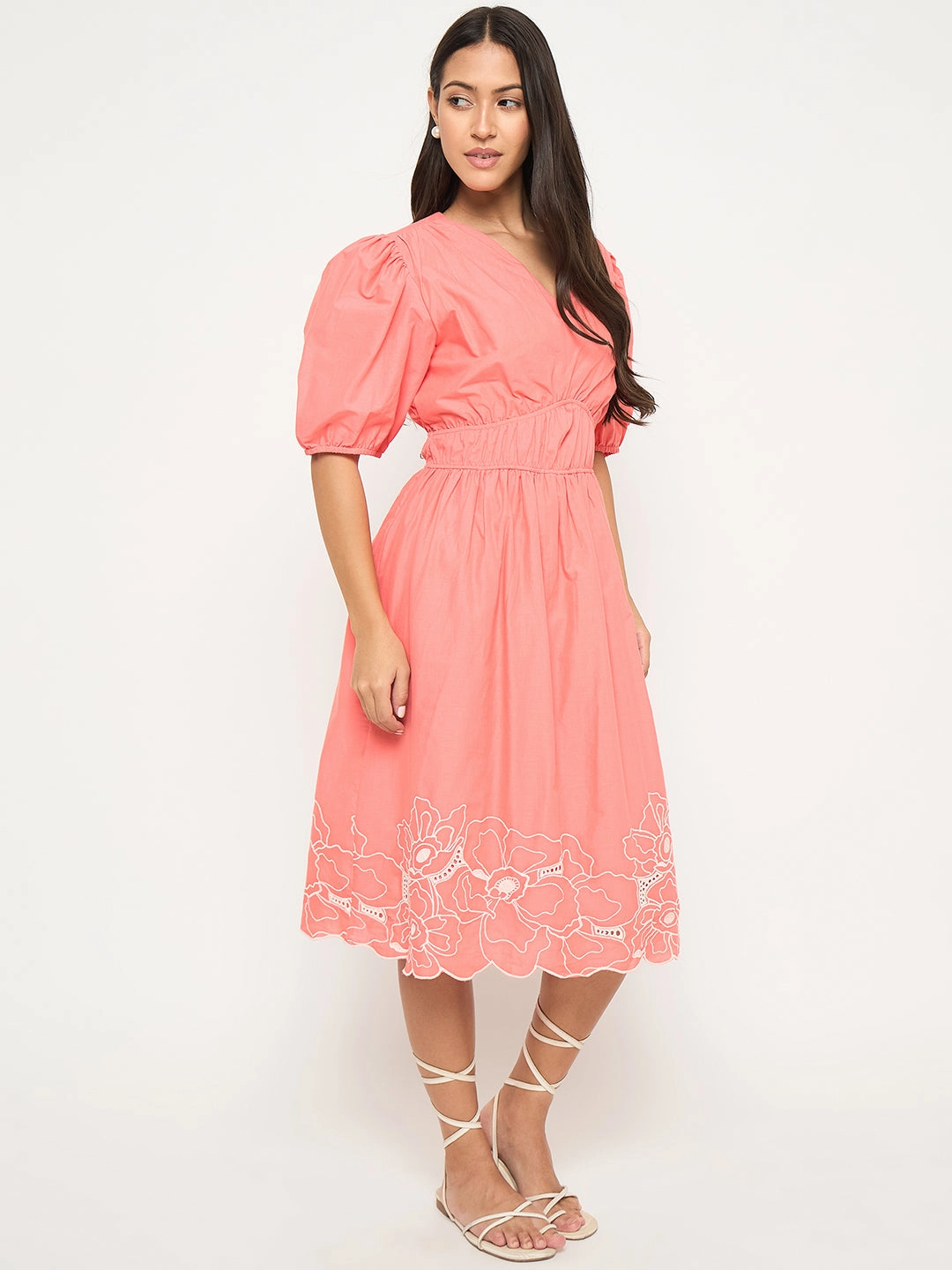 Madame Floral Embroidered Hem Fit and Flared Coral Midi Dress Smart Vibe Perfect for Travel